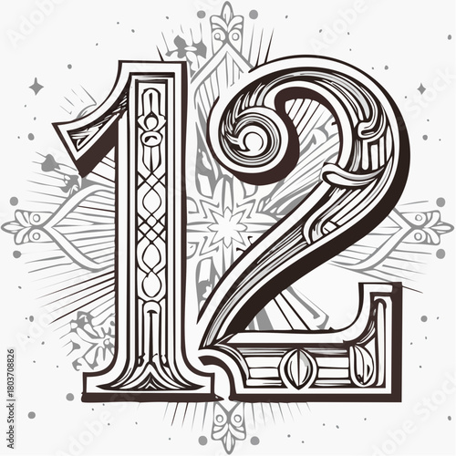 Number 12 with 3d bevel classic ornaments, engraving, and lino cut style illustration