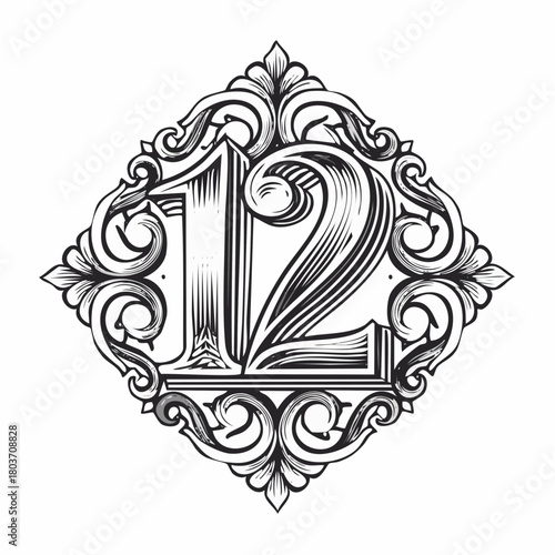 Number 12 with 3d bevel classic ornaments, engraving, and lino cut style illustration