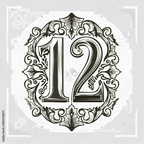 Number 12 with 3d bevel classic ornaments, engraving, and lino cut style illustration