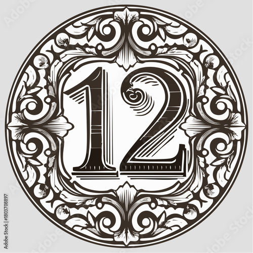 Number 12 with 3d bevel classic ornaments, engraving, and lino cut style illustration