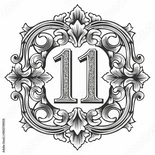 Number 11 with 3d bevel classic ornaments, engraving, and lino cut style illustration