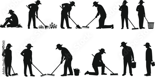 Collection of Gardeners Silhouettes Engaged in Various Outdoor Activities: Raking, Sweeping, Weeding, Planting - CAD Drawing Flat Vector Illustration