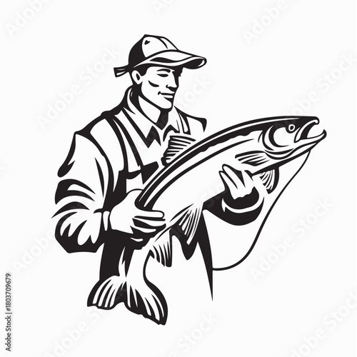 Fisherman Holding Big Catch Vector Illustration on white background
