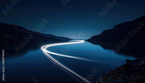 Long exposure photography captures the ethereal glow of light trails moving across a calm, dark lake under a star-filled night sky, with silhouetted mountains f