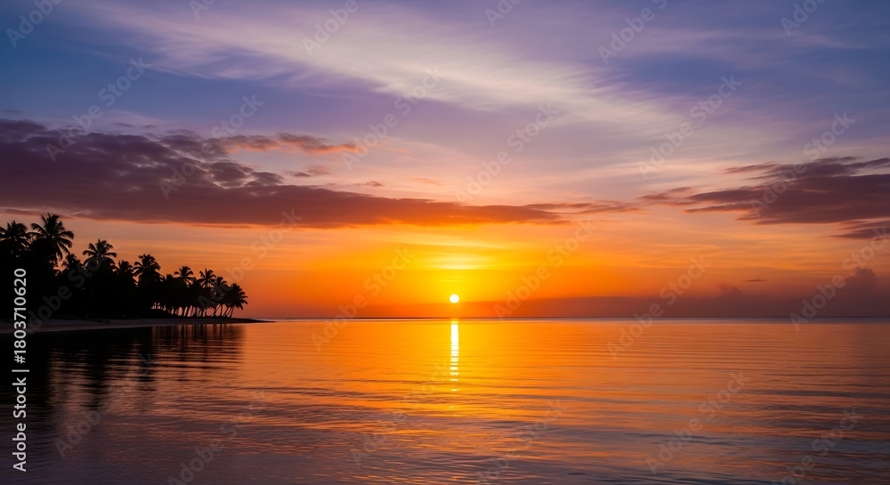 Naklejka premium Peaceful Tropical Island Sunset with Colorful Sky and Water Reflection.