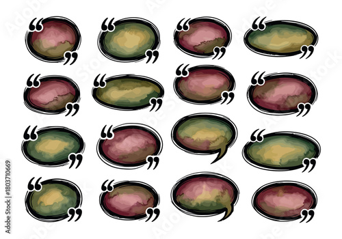Collection of watercolor speech bubbles and quotation marks in diverse colors and shapes