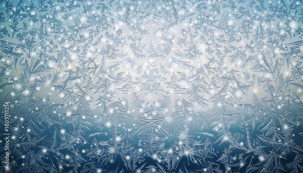 Fototapeta premium Abstract winter background with intricate frost patterns, sparkling ice crystals, and glowing snowflakes