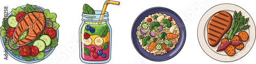 Set of four illustrated healthy meals including salad, smoothie jar, pasta bowl, and grilled steak with vegetables and garnish