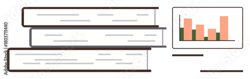 Stack of books placed beside a screen displaying a bar chart in pastel colors. Ideal for education, analytics, research, learning, study, data visualization, academic pursuits. Simple flat metaphor