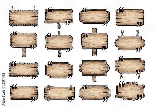 Set of various aged wooden signs featuring prominent quotation marks, ideal for displaying messages, captions, or decorative text in a charming, handcrafted style