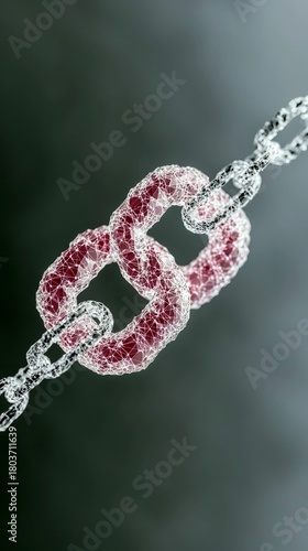 A close-up of two interconnected chain links, one red and one silver, with a detailed geometric network overlay.