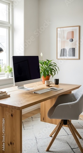 Modern Home Office Setup with Wooden Desk and Computer by a Bright Window.
