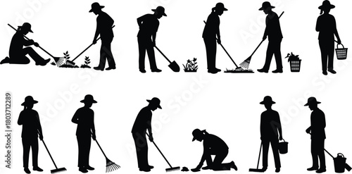 Assortment of Gardeners Silhouettes Engaged in Multiple Gardening Tasks: Raking, Planting, Sweeping, Weeding - CAD Drawing Flat Vector Illustration