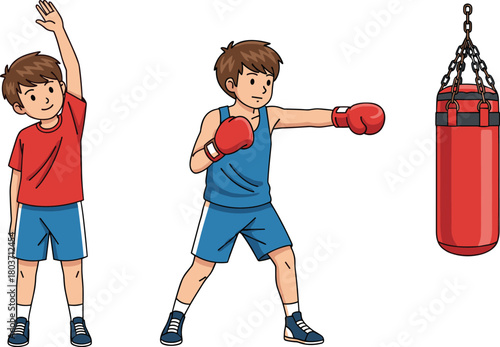 Boy stretching before boxing workout, young athlete punching red bag, kids fitness training, active lifestyle, sports exercise, healthy routine
