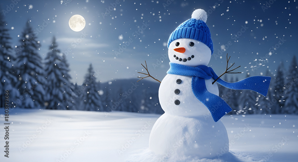 Obraz premium Cheerful snowman wearing blue hat and scarf.