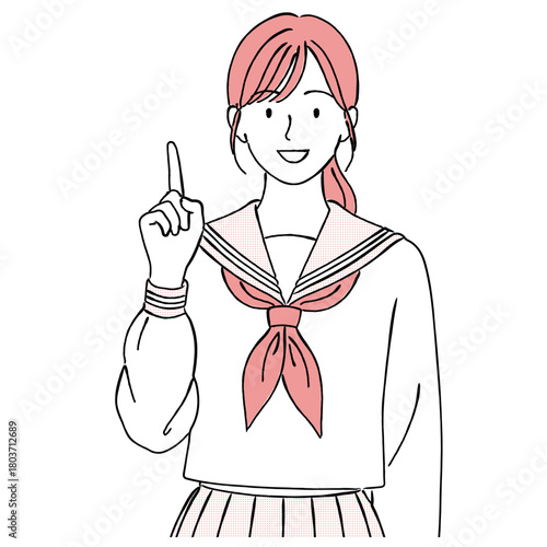 指差し（提案・説明）をする女子学生（セーラー服）,ひらめき,案内,アドバイス,学校,シンプル,ベクター