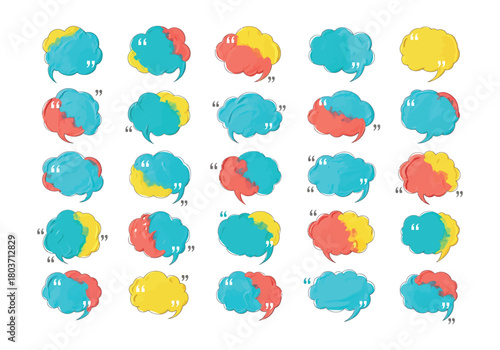 Conceptual graphic set of colorful thought bubbles, quote boxes, and dialogue balloons for communication