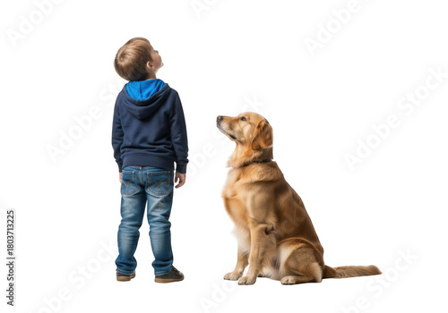 Young boy wearing blue hoodie and jeans standing beside golden retriever dog looking upwards isolated on transparent background