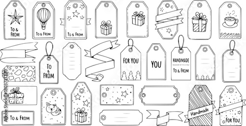 Hand-drawn Doodle Christmas Holiday Gift Tags Labels Ribbons Vector Collection - Festive Elements for Presents  Crafts