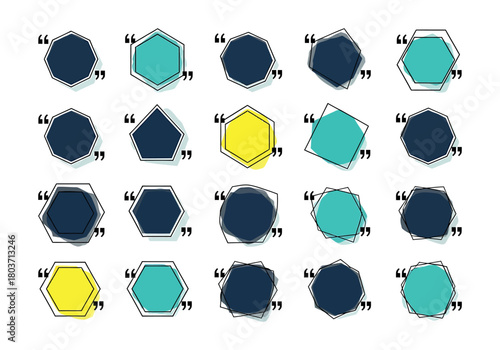 A versatile set of modern geometric quote box templates with a hand-drawn feel. Colorful hexagonal and pentagonal text bubbles for testimonials and comment concepts