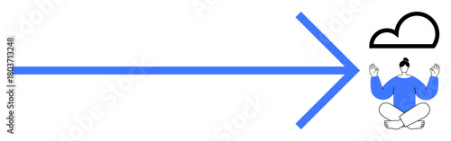 Blue arrow pointing right, person meditating under a cloud. Ideal for mindfulness, direction, progress, focus, tranquility, goal-setting inner peace. Simple flat metaphor