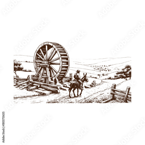 Vintage illustration of a man riding a donkey near a water wheel isolated on