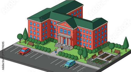 Isometric university campus with green space and convenient parking