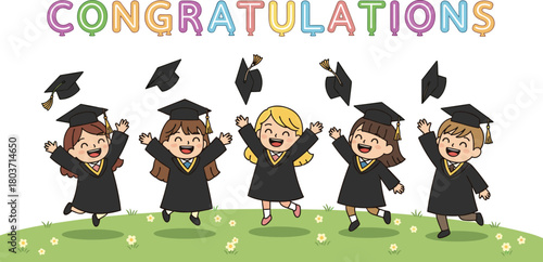 Cartoon children celebrating graduation in caps and gowns, jumping joyfully, congratulations banner, festive scene, academic achievement, happy moment