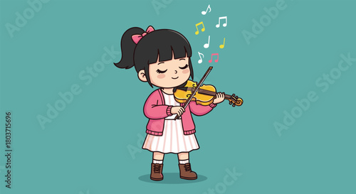 Cartoon girl playing violin with musical notes, smiling child in pink outfit enjoying music on teal background illustration