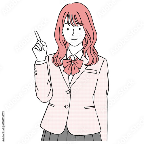 指差し（提案・説明）をする女子学生（ブレザー制服）,ひらめき,案内,アドバイス,学校,シンプル,ベクター