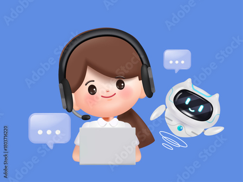 Cute 3d woman working Online communication with chat bot concept. Realistic 3d object cartoon style.