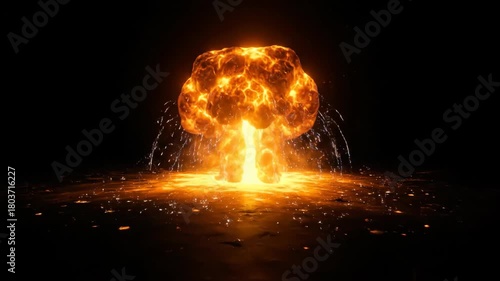 Spectacular explosion with bright light and fire. Concept: Technology, industry, power, energy, environment, science.