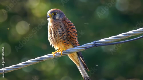 Beautiful kestrel bird perched on wire in nature with blurred background.