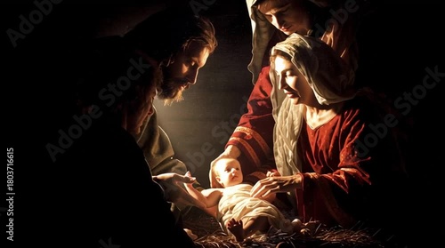 A powerful Nativity scene depicted in the dramatic light style of a Baroque painting, utilizing intense chiaroscuro lighting to accentuate the sacred figures and profound emotions of the moment.