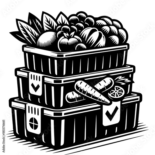 Stacked containers with fresh vegetables for meal prep. Black vector icon with transparent background 
