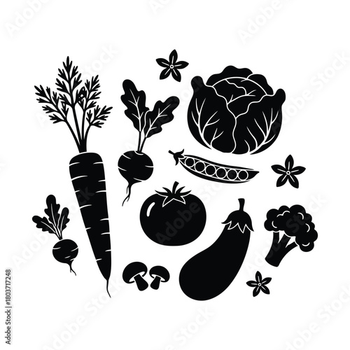 Fresh organic vegetables black silhouette art icons