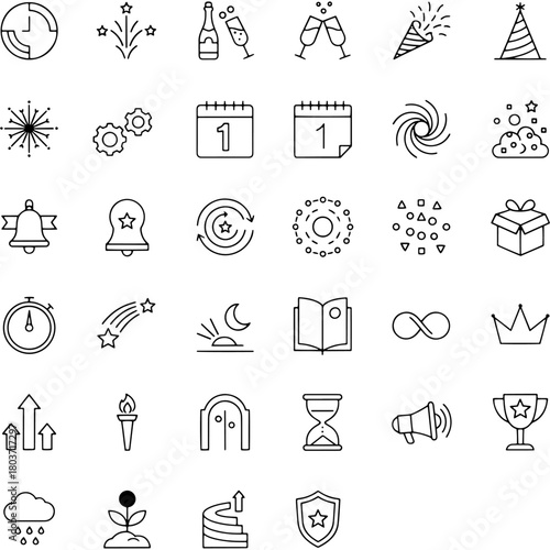 Minimalist line icon set featuring celebration, time, planning, progress, and notification concepts for modern designs. Vector