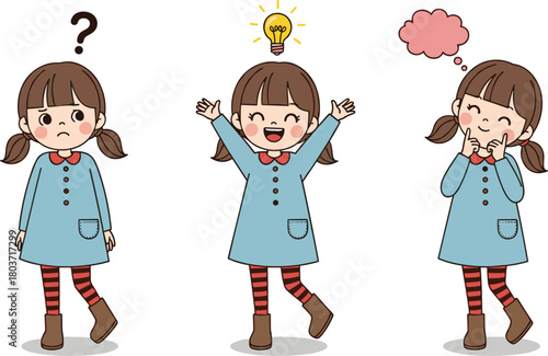 Cartoon illustration of girl showing confusion, idea, and reflection with question mark, light bulb, and thought cloud symbols