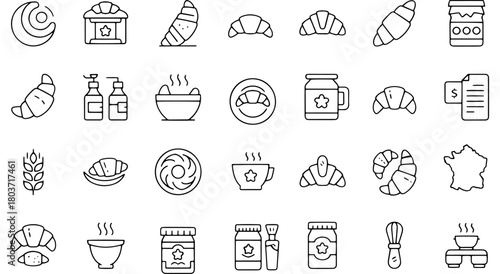 Minimalist line art icons depicting french bakery, breakfast, and cultural elements for modern digital design. Vector