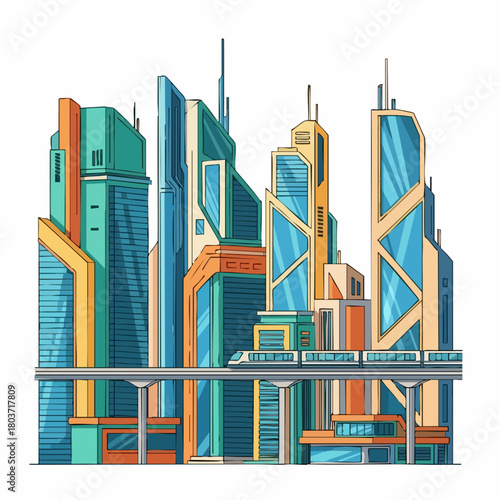 Modern skyline featuring unique skyscrapers and elevated train, reflecting urban planning. Modern skyline of vibrant skyscrapers evokes progress and architectural innovation.