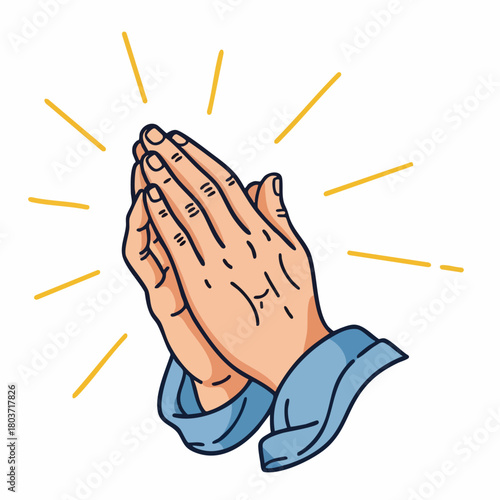 Depiction of praying hands shows humility and devotion with light rays shining. Praying hands convey faith and hope in religious context, hands of someone praying.