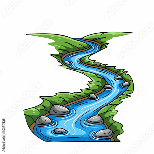 River scene on white background with stream winding through green hills. River flows with rocks in stream, creating natural beauty. Image can be used for various projects: background, nature scene,