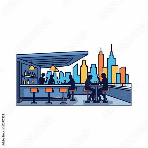 City bar scene featuring stylized building silhouettes and people enjoying drinks. City bar is designed with a modern aesthetic, featuring minimalist decor, bar stools, and silhouetted patrons.