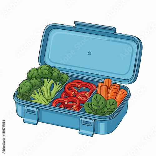 Open lunchbox filled with healthy food for kids shows vibrant vegetables. A healthy lunchbox helps children stay energized during the day with colorful bell peppers, broccoli, and carrot sticks.