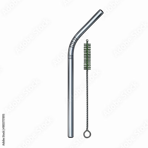 Reusable straw with brush is displayed, providing sustainable alternative for drinks. Eco-friendly drinking straw is made from metal and is reusable for environmental protection.