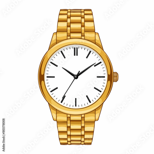 Golden wrist watch on white background, showcasing elegance and timeless style. Golden wrist watch features classic design with metal strap, perfect for everyday use or special occasions.
