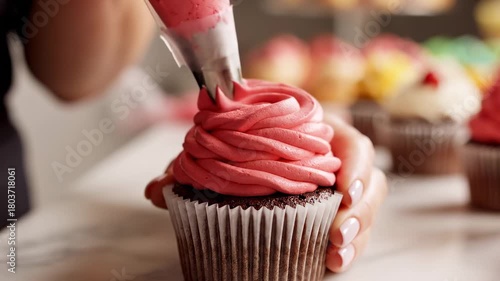 Close-up of a baker decorating a chocolate cupcake with pink frosting.