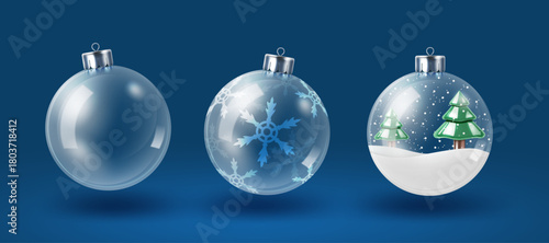 bright transparent glass christmas balls set design isolated on the blue background.christmas baubles vector illustration.