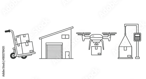 Modern warehouse logistics using drone, scale, and hand truck icons