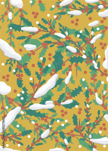 Festive Holly, Red Berries, and Snow Winter Background